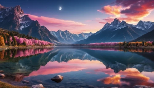 beautiful landscape,purple landscape,landscapes beautiful,fantasy landscape,landscape background,heaven lake,landscape mountains alps,beautiful lake,mountainous landscape,mountain sunrise,nature wallpaper,pink dawn,mountain landscape,splendid colors,windows wallpaper,nature landscape,incredible sunset over the lake,nature background,fantasy picture,reflection in water,Photography,General,Realistic