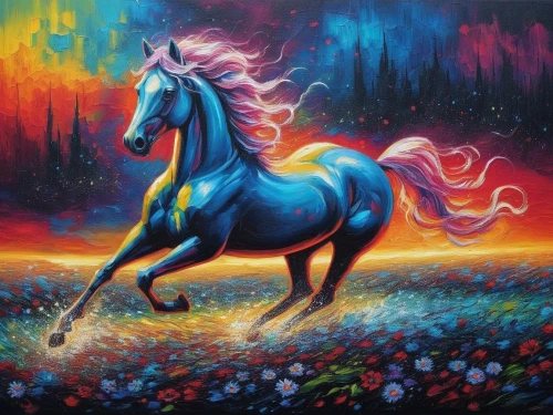 colorful horse,unicorn art,painted horse,unicorn background,unicorn,rainbow unicorn,pegasys,cheval,chevaux,fire horse,caballo,dream horse,equine,pegasus,nikorn,frison,carnival horse,arabian horse,oil painting on canvas,lighthorse,Illustration,Realistic Fantasy,Realistic Fantasy 25