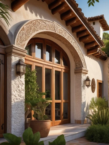 exterior decoration,stucco frame,3d rendering,holiday villa,stucco wall,gold stucco frame,archways,render,bungalows,traditional house,palmilla,beautiful home,luxury home,garden door,clay tile,verandahs,stucco,garden elevation,entryway,luxury property,Illustration,Retro,Retro 14