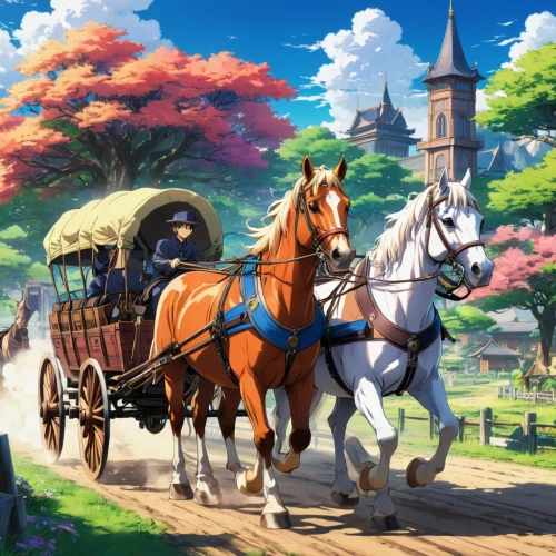horse carriage,horse-drawn carriage,carriage,wooden carriage,horse drawn,ghibli,chevaux,bremen town musicians,horse and cart,horse-drawn vehicle,horse drawn carriage,oktoberfest background,horses,studio ghibli,flower cart,french digital background,springtime background,horsecars,horsecar,carriage ride,Illustration,Japanese style,Japanese Style 03