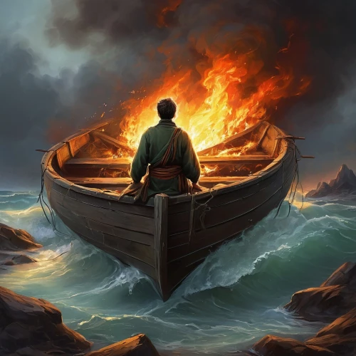 lake of fire,stannis,god of the sea,fireship,siggeir,el mar,adrift,fire and water,temeraire,boat landscape,fire background,two-handled sauceboat,boatman,commandeer,lyonesse,uncharted,foundering,man at the sea,shipwreck,malazan,Illustration,Paper based,Paper Based 11