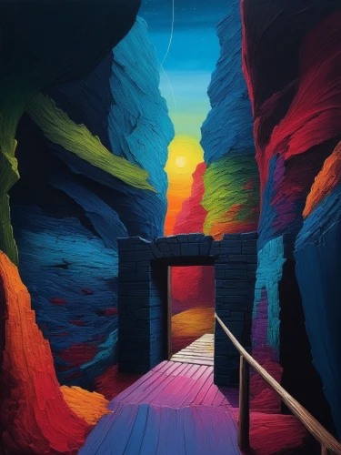 rainbow bridge,red canyon tunnel,tunnel,passage,al siq canyon,chasm,wall tunnel,danxia,torii tunnel,tunel,heaven gate,colorful light,colori,grotte,passageway,tunnels,cavern,narrows,underpass,canyons,Illustration,Realistic Fantasy,Realistic Fantasy 25