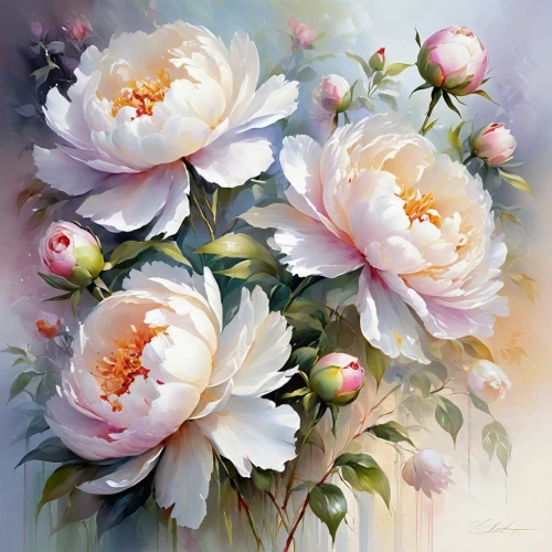 peonies,peony,flower painting,camelliers,peony bouquet,pink peony,peony pink,camelias,blooming roses,noble roses,splendor of flowers,japanese anemone,watercolor flowers,camellia,roses daisies,common peony,rose flower illustration,esperance roses,flower art,white roses,Conceptual Art,Oil color,Oil Color 03