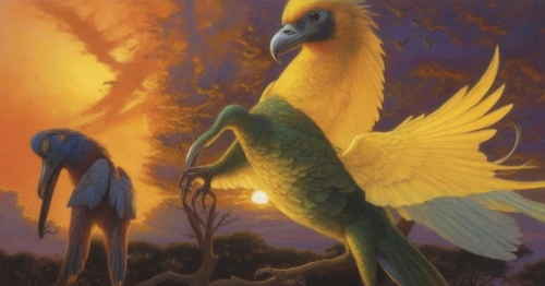 blue and gold macaw,blue and yellow macaw,yellow macaw,quetzalcoatlus,golden parakeets,pterosaurs,microraptor,archaeopteryx,jatayu,pajaros,macaws blue gold,sun parakeet,saltiel,pterodactyls,aguiluz,pterodactylus,macaws of south america,anchiornis,macaw,parrots,Illustration,Realistic Fantasy,Realistic Fantasy 03