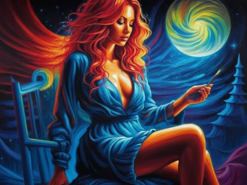 fantasy art,blue enchantress,neon body painting,mystique,sorceress,art painting,seelie,fantasy picture,hecate,magick,bodypainting,red head,horoscope libra,melisandre,psytrance,welin,dream art,pintura,wynonna,blue moon rose,Illustration,Realistic Fantasy,Realistic Fantasy 25