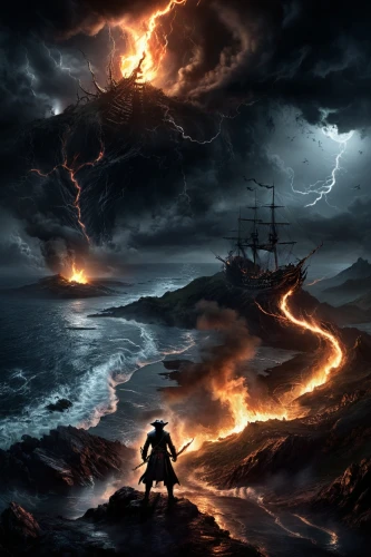 sea storm,fire background,maelstrom,firewind,apocalyptica,lightning storm,samuil,stormbringer,the eruption,nature's wrath,turmoil,tempestuous,firestorms,eruption,cataclysm,fire and water,storms,tidal wave,angstrom,fantasy picture,Conceptual Art,Fantasy,Fantasy 34