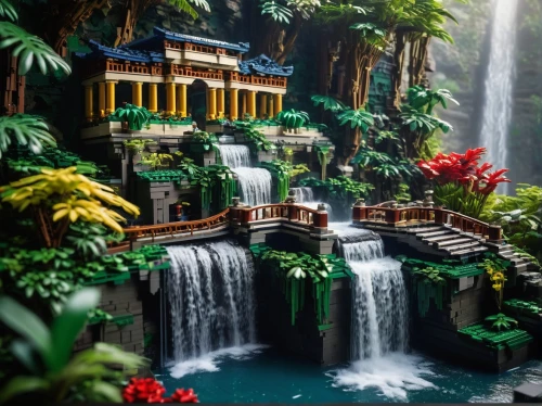 tropical jungle,tropical island,green waterfall,waterfalls,tropical forest,a small waterfall,rain forest,waterfall,amazonica,gaylord palms hotel,polyneices,neotropical,shangrila,tropical house,polynesia,lego background,rainforest,vietnam,tropicale,rainforests,Illustration,Paper based,Paper Based 02