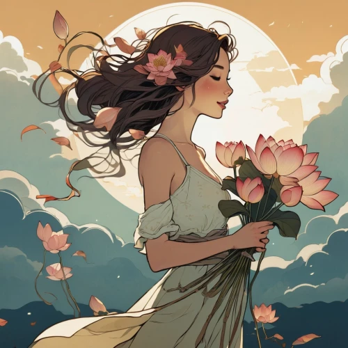 flower fairy,scent of jasmine,persephone,flower girl,delicate bloom,falling flowers,jasmine blossom,holding flowers,bloom,scent of roses,lilies,moonflower,scattered flowers,everlasting flowers,flowers celestial,jasmine,summer jasmine,blooming,windflower,fallen petals,Illustration,Children,Children 04