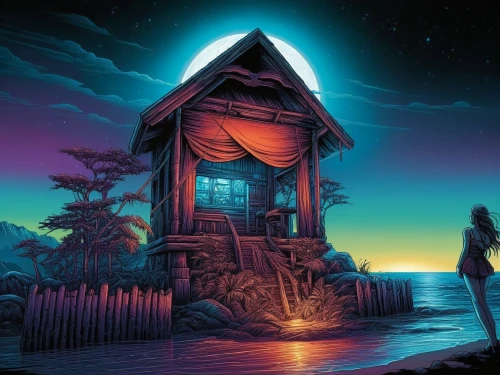 beachhouse,beach house,witch house,lonely house,beach hut,dreamhouse,house silhouette,witch's house,fantasy picture,ancient house,outhouse,summer house,house by the water,summer cottage,cottage,sci fiction illustration,wooden hut,haunted house,wooden house,the haunted house,Illustration,Realistic Fantasy,Realistic Fantasy 25