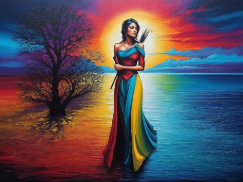 oil painting on canvas,art painting,fantasy picture,fantasy art,colorful background,qabalah,thyatira,vibrantly,inanna,bohemian art,oil painting,pintura,girl in a long dress,boho art,divine healing energy,elohim,harmony of color,mexican painter,asenath,prophetess,Illustration,Realistic Fantasy,Realistic Fantasy 25