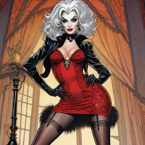 countess,cruella de ville,villainess,harley,selina,cruella,black cat,mistress,zatara,vanderhorst,deville,lilandra,birds of prey-night,femme fatale,vampira,burlesques,harley quinn,vampire woman,rhps,satana,Illustration,American Style,American Style 01