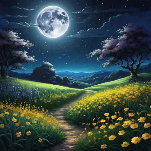 landscape background,moonlit night,moon and star background,cartoon video game background,nature background,fantasy picture,lunar landscape,fantasy landscape,children's background,moonlit,meadow landscape,springtime background,moonlighted,night scene,nature wallpaper,moon night,the night of kupala,spring background,nature landscape,dandelion background,Illustration,Japanese style,Japanese Style 05