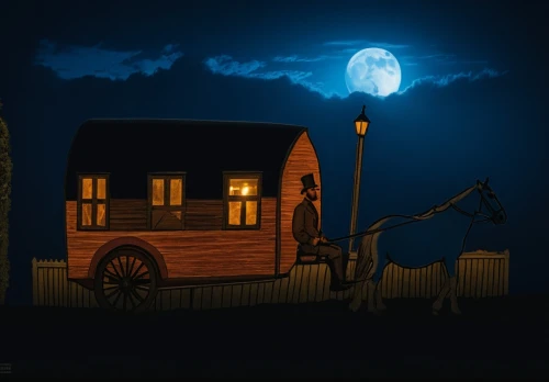 stagecoach,wooden carriage,halloween truck,house silhouette,wooden wagon,halloween illustration,moon car,night scene,old halloween car,house trailer,halloween background,carriage,hearse,halloween scene,wooden cart,ghost locomotive,halloween car,halloween travel trailer,horse carriage,straw cart,Photography,General,Fantasy