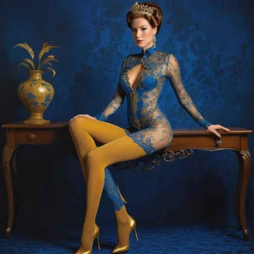 bluestocking,bodypaint,cheongsam,zentai,bodypainting,body painting,royal lace,dark blue and gold,hosiery,yellow and blue,painted lady,yasumasa,blue enchantress,pin-up model,evening dress,tretchikoff,gold lacquer,royal blue,catsuit,pin ups,Illustration,American Style,American Style 07