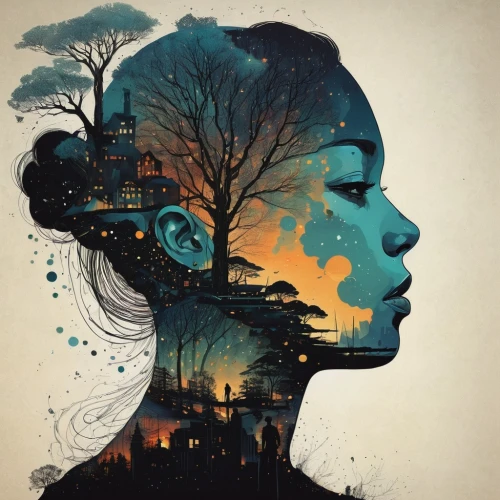 girl with tree,sci fiction illustration,silhouette art,leafless,transatlantique,afrofuturism,duvernay,cloud atlas,dieckmann,experimenter,sedensky,westerfeld,woman silhouette,double exposure,vandermeer,the pollution,bioshock,psychometric,illustrator,mindspring,Illustration,Abstract Fantasy,Abstract Fantasy 20