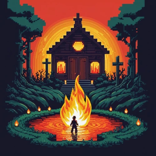 castlevania,pixel art,door to hell,haunted cathedral,pillar of fire,the eternal flame,indiana jones,campfire,burning earth,fire background,lava,burning torch,cremation,notredame,risen,iconoclasts,pilgrim,sacrifice,hall of the fallen,sacrificios,Unique,Pixel,Pixel 01