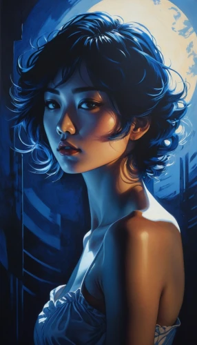 cortana,blue enchantress,alita,selene,sci fiction illustration,blue painting,fantasy portrait,blue light,mystical portrait of a girl,leota,dreamfall,la violetta,hypatia,world digital painting,shimei,digital painting,bioshock,lapis,karou,jasmine blue,Illustration,Japanese style,Japanese Style 15