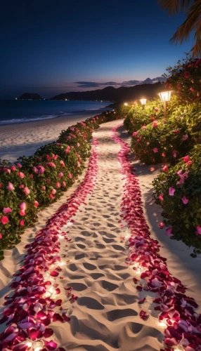 flowerful desert,pathway,beautiful beaches,flower carpet,rose petals,beautiful beach,sand paths,pink beach,walk on the beach,walkway,tropical beach,romantic night,dream beach,romantique,paradises,sea of flowers,romantic rose,footprints in the sand,splendor of flowers,way of the roses,Photography,General,Realistic