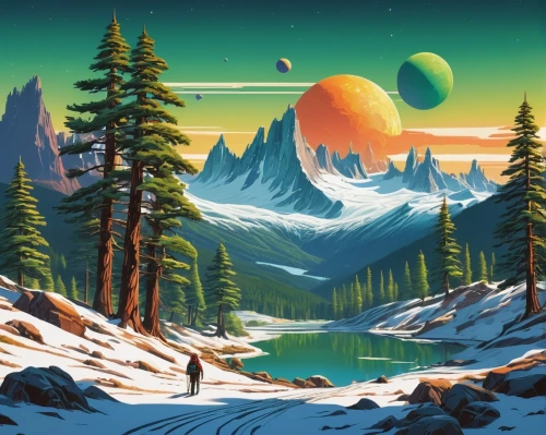 futuristic landscape,ice planet,mountain scene,spruce forest,coniferous forest,snowy peaks,mountain landscape,cascadia,earth rise,extrasolar,salt meadow landscape,alpine landscape,landscape background,offworld,snowy mountains,mountainous landscape,alien planet,snow landscape,sci fiction illustration,gliese,Conceptual Art,Sci-Fi,Sci-Fi 20