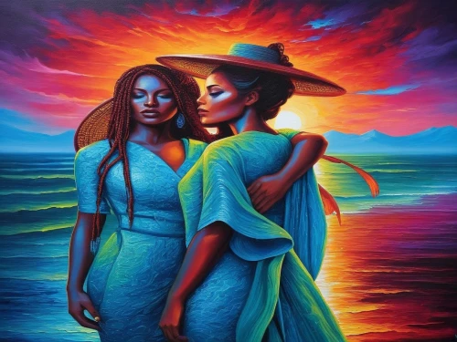 oil painting on canvas,priestesses,liberians,beautiful african american women,african art,umoja,black couple,orishas,matriarchs,afrofuturism,ledisi,reinas,oil on canvas,colorism,afro american girls,oil painting,african culture,oshun,sirens,sankofa,Illustration,Realistic Fantasy,Realistic Fantasy 25