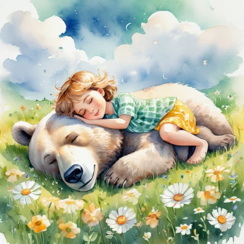 cuddling bear,children's background,girl lying on the grass,kids illustration,bearishness,tenderness,bearhug,cute bear,bear teddy,little bear,meadow play,sleeping bear,orso,restful,meadow daisy,teddy bear,bearable,cute cartoon image,blanket of flowers,donsky,Illustration,Paper based,Paper Based 25