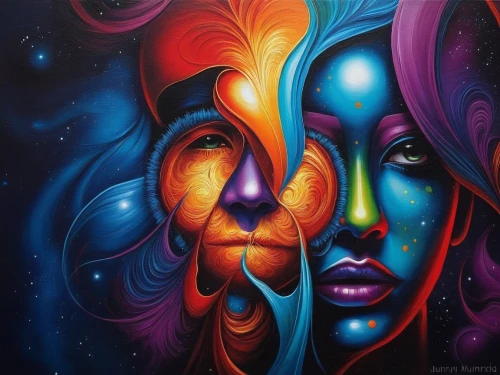 gemini,ayahuasca,oil painting on canvas,precognition,welin,vibrantly,imaginacion,bodypainting,multicolor faces,third eye,grafite,dream art,two people,energies,singularity,zodiac sign gemini,vivants,neon body painting,duenas,vibrancy,Illustration,Realistic Fantasy,Realistic Fantasy 25