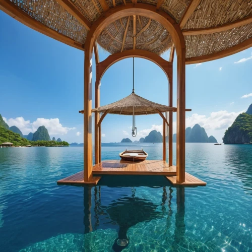 floating huts,tailandia,over water bungalows,halong,amanresorts,infinity swimming pool,southeast asia,thai,thalassotherapy,thailand,floating over lake,thailands,luxury hotel,paradis,halong bay,honeymoons,khao phing kan,floating island,thailad,island suspended,Photography,General,Realistic