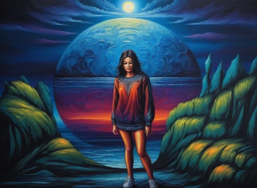 blue moon,mystical portrait of a girl,oil painting on canvas,moonshadow,moondance,blue moon rose,shamanic,moonlit night,inanna,shamanism,fantasy art,moonlit,lacombe,moonstruck,dream art,dubbeldam,moonbeams,dreamtime,oil painting,selene,Illustration,Realistic Fantasy,Realistic Fantasy 25