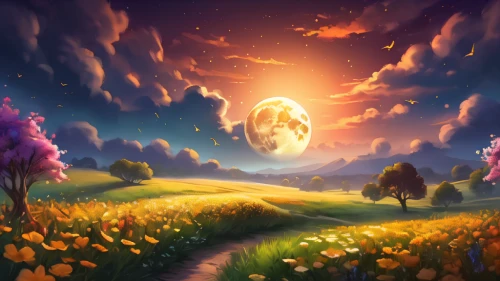 fantasy landscape,mushroom landscape,landscape background,fantasy picture,sunburst background,springtime background,blooming field,cartoon video game background,the mystical path,nature background,spring background,dandelion field,world digital painting,dandelion background,cosmos field,flower field,majora,dandelion meadow,dreamscape,fairy world,Illustration,Realistic Fantasy,Realistic Fantasy 01