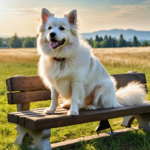 samoyedic,samoyed,pyr,alaskan malamute,the pembroke welsh corgi,park bench,welsh corgi,pembroke welsh corgi,malamute,dog shetland sheepdog,shoob,atka,dog photography,outdoor dog,cheerful dog,shetland sheepdog,wooden bench,to sit,pomeranian,malamutes,Photography,General,Realistic