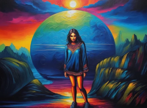 mystical portrait of a girl,shamanic,dubbeldam,inanna,shamanism,ladyland,mother earth,fantasy art,leota,blue moon,phase of the moon,psychosynthesis,hecate,mirror of souls,oil painting on canvas,dream art,sun moon,welin,lucidity,earth chakra,Illustration,Realistic Fantasy,Realistic Fantasy 25