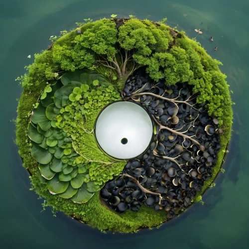 little planet,porthole,marimo,circular puzzle,floating island,yinyang,japanese garden ornament,circular,floating islands,art forms in nature,vegetables landscape,stereographic,yin yang,water plants,earth pot,nature art,terraformed,ecologic,permaculture,small planet,Art,Classical Oil Painting,Classical Oil Painting 12