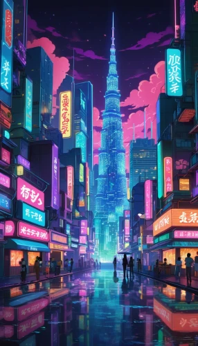 cybercity,tokyo city,shinjuku,fantasy city,colorful city,cybertown,cyberpunk,tokyo,cyberworld,cityscape,futuristic landscape,akiba,akihabara,kabukiman,shanghai,metropolis,microdistrict,cyberscene,kabukicho,cityzen,Illustration,Japanese style,Japanese Style 03
