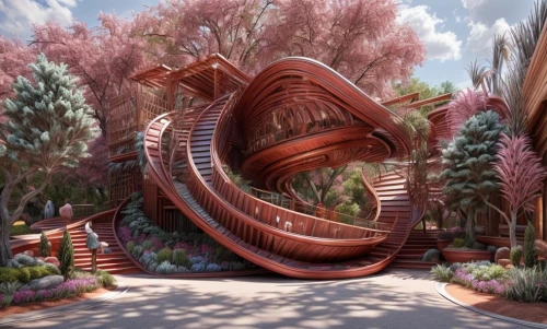 biopiracy,ecotopia,garden by the bay,winding steps,3d fantasy,garden design sydney,winding staircase,nature garden,futuristic landscape,garden of plants,biopolis,3d rendering,heatherwick,escaleras,background design,imagineering,climbing garden,landscaped,outside staircase,imaginationland