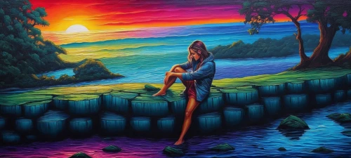 girl on the river,indigenous painting,oil painting on canvas,woman at the well,girl with a dolphin,girl with tree,ayahuasca,oil painting,oil on canvas,art painting,neon body painting,mother earth,girl on the boat,kupala,dream art,mermaid background,fisherwoman,siddharta,fantasy picture,dubbeldam,Illustration,Realistic Fantasy,Realistic Fantasy 25