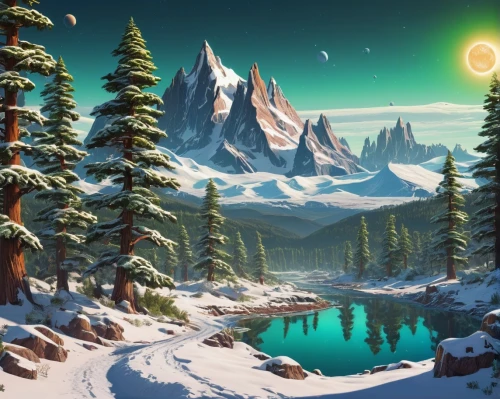 wildstar,icewind,cartoon video game background,dawnstar,winter background,moon and star background,snowy peaks,landscape background,elves country,snowy mountains,spruce forest,fantasy landscape,christmas snowy background,snowy landscape,christmas landscape,background image,salt meadow landscape,coniferous forest,fantasy picture,northrend,Conceptual Art,Sci-Fi,Sci-Fi 20