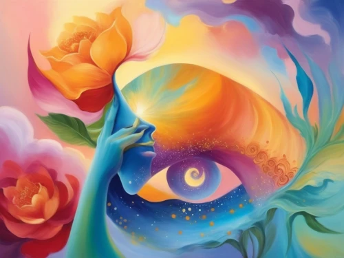 cosmic eye,cosmic flower,fractals art,vibrantly,flower painting,vibrancy,all seeing eye,abstract eye,lucidity,dream art,psychedelia,krita,third eye,hallucinated,blue moon rose,majora,colorful spiral,symbioses,psychedelic,peacock eye,Illustration,Realistic Fantasy,Realistic Fantasy 01