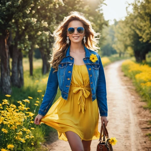 yellow jumpsuit,yellow purse,woman walking,yellow daisies,women fashion,yellow petal,yellow and blue,beautiful girl with flowers,yellow mustard,yellow,walking in a spring,girl in flowers,yellow color,girl walking away,women clothes,country dress,yellow flowers,yellow petals,yellow sun hat,sunflower lace background,Photography,General,Realistic