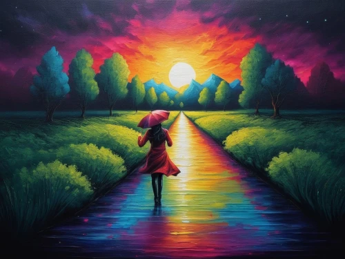 girl walking away,oil painting on canvas,woman walking,art painting,dream art,moonwalked,oil on canvas,pathway,the mystical path,oil painting,fantasy picture,girl in a long,dreamscape,dubbeldam,colorful light,landscape background,walking in a spring,painting technique,fantasia,girl on the river,Illustration,Realistic Fantasy,Realistic Fantasy 25