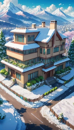 ski resort,snow roof,house in the mountains,snow slope,winter house,snow scene,ski station,holiday complex,ski facility,house in mountains,winter background,yamashiro,christmas snowy background,snowy landscape,christmas wallpaper,snow landscape,alpine village,snow mountain,snow house,winter village,Illustration,Japanese style,Japanese Style 03