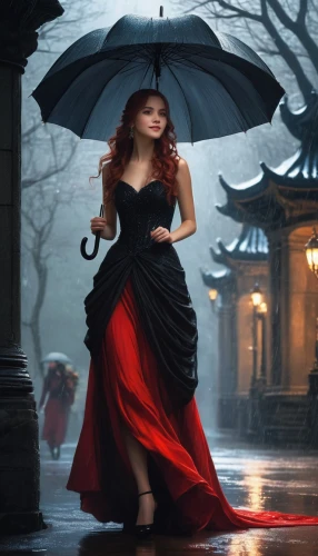 red rose in rain,asian umbrella,umbrella,umbrellas,girl in a long dress,gothic dress,melisandre,walking in the rain,gothic woman,celtic woman,effluvia,little girl with umbrella,brolly,lady in red,romantic look,red cape,rain of fire,man in red dress,in the rain,scarlet witch,Conceptual Art,Fantasy,Fantasy 11