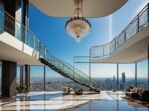 penthouses,the observation deck,observation deck,skywalks,luxury home interior,luxury property,sky apartment,glass wall,outside staircase,balustrades,skyscapers,skybridge,skywalk,balustrade,hearst,spiral staircase,staircase,malaparte,interior modern design,crib,Illustration,Abstract Fantasy,Abstract Fantasy 22
