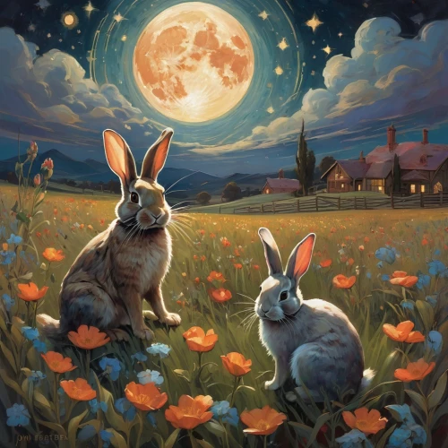 cottontails,hares,rabbits,bunnies,easter rabbits,hare field,hare trail,rabbit family,springtime background,lagomorphs,lepus,lapine,easter background,gray hare,female hares,myxomatosis,moonlit night,ostara,ostern,moon and star,Conceptual Art,Fantasy,Fantasy 18