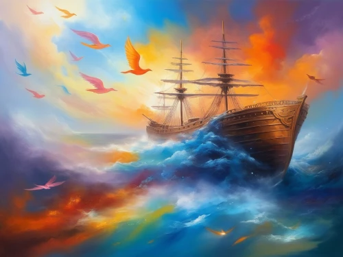 sea sailing ship,sailing ship,sail ship,sea fantasy,fantasy picture,sailing ships,galleon,fireships,pirate ship,tallship,world digital painting,skyship,fantasy art,maelstrom,sailing,ghost ship,sailing boat,fireship,aivazovsky,boat landscape,Illustration,Realistic Fantasy,Realistic Fantasy 01