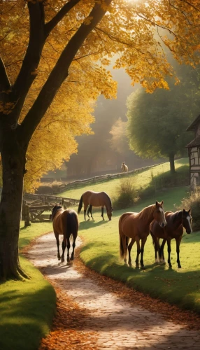 autumn morning,beautiful horses,autumn landscape,autumn scenery,pony farm,autumn idyll,bucolic,equine,fall landscape,one autumn afternoon,equines,horse stable,horses,rural landscape,autumn background,countryside,farm landscape,yearlings,autumn day,pasture,Photography,General,Cinematic