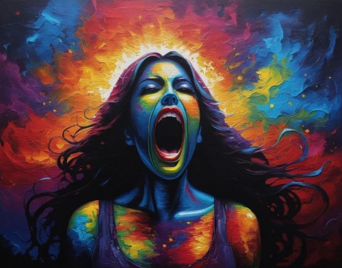 scream,spray paint,astonishment,neon body painting,oil painting on canvas,psytrance,boisterous,pintura,the festival of colors,emic,art painting,outburst,hysteria,hallucination,dream art,ecstasy,expressionist,grafite,psychoactive,psychedelic,Illustration,Realistic Fantasy,Realistic Fantasy 25