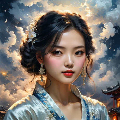 oriental princess,yanzhao,oriental girl,rongfeng,oriental painting,fantasy portrait,wenzhao,geisha girl,jianxing,sizhao,youliang,oriental,jianying,xueying,zhiyuan,sanxia,xiaomei,geisha,mystical portrait of a girl,jingqian,Conceptual Art,Fantasy,Fantasy 12