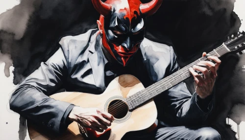 painted guitar,maul,fado,darth maul,cavaquinho,guitar player,musician,guitarra,concert guitar,strumming,deadpool,guitarist,guitar,violito,the guitar,mandalorian,banjoist,mariachi,guitare,playing the guitar,Illustration,Paper based,Paper Based 20