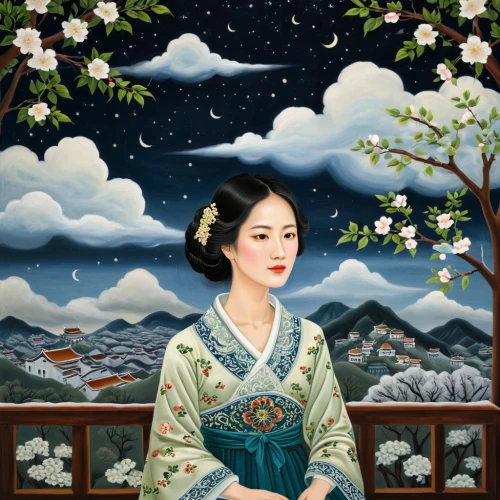 chuseok,maiko,hanbok,gisaeng,geiko,kunqu,jiaozhi,xiaojin,zhiqing,yangmei,daiyu,japanese woman,xiuyan,uemura,xiaohong,xiuhua,jingqian,kunisada,qibao,geisha,Illustration,Abstract Fantasy,Abstract Fantasy 12