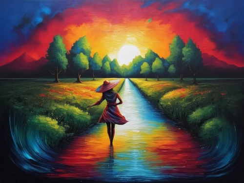 oil painting on canvas,dubbeldam,landscape background,art painting,girl walking away,woman walking,colorful background,pathway,flooded pathway,oil painting,the sun and the rain,oil on canvas,girl on the river,watermelon painting,dream art,the mystical path,walking in a spring,caminos,hosseinpour,creative background,Illustration,Realistic Fantasy,Realistic Fantasy 25